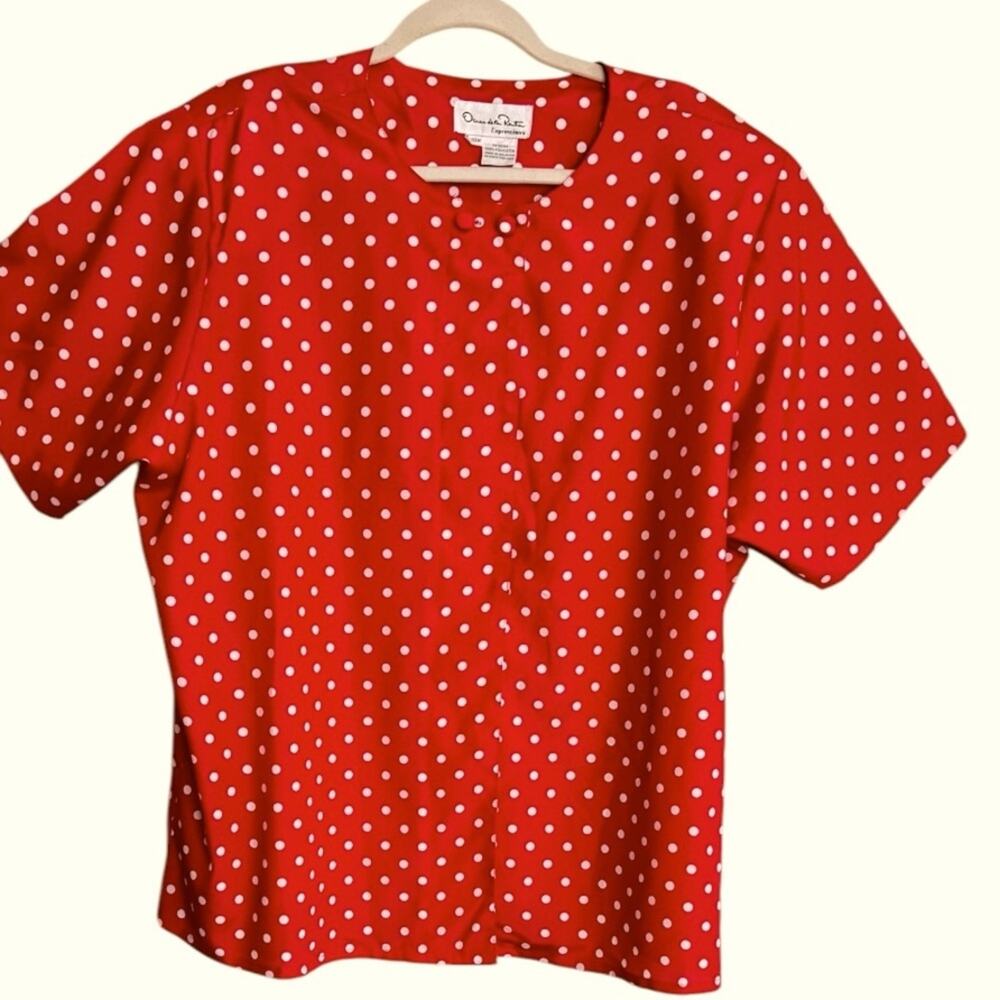 Oscar de la Renta Expressions Red Polka Dot Red Short Sleeve Blouse Size 22